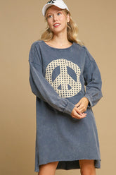 Umgee Peace Lace Applique Frayed Hem French Terry Mini Dress Dusty Blue OutfitFlow